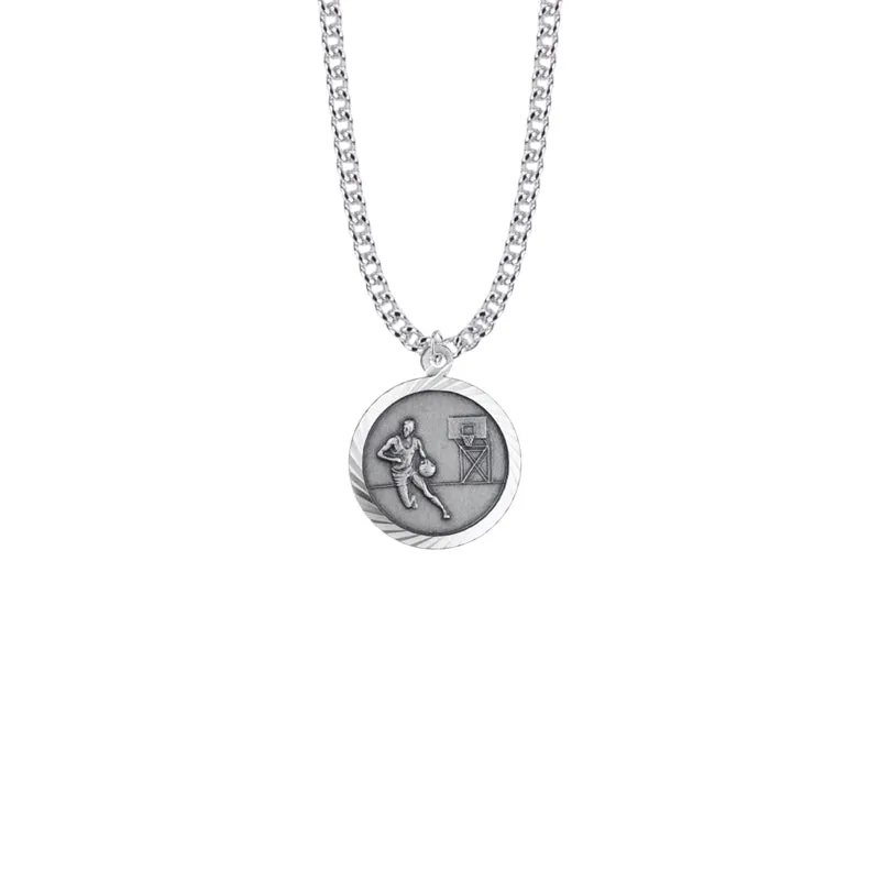 15/16 Inch Round Sterling Silver Boy's Basketball Player Medal with St. Christopher on Back