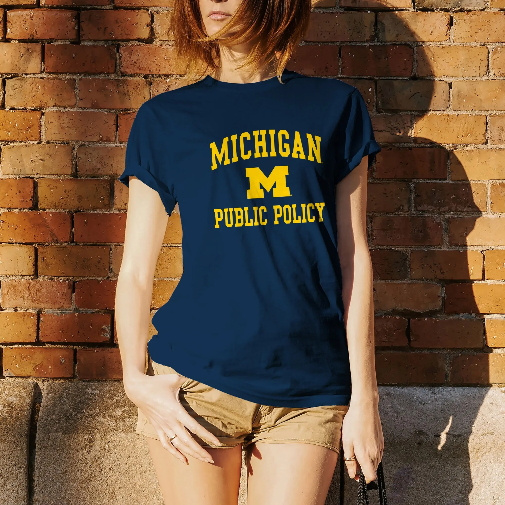 Arch Logo Public Policy University of Michigan Basic Cotton Short Sleeve T-Shirt - Navy