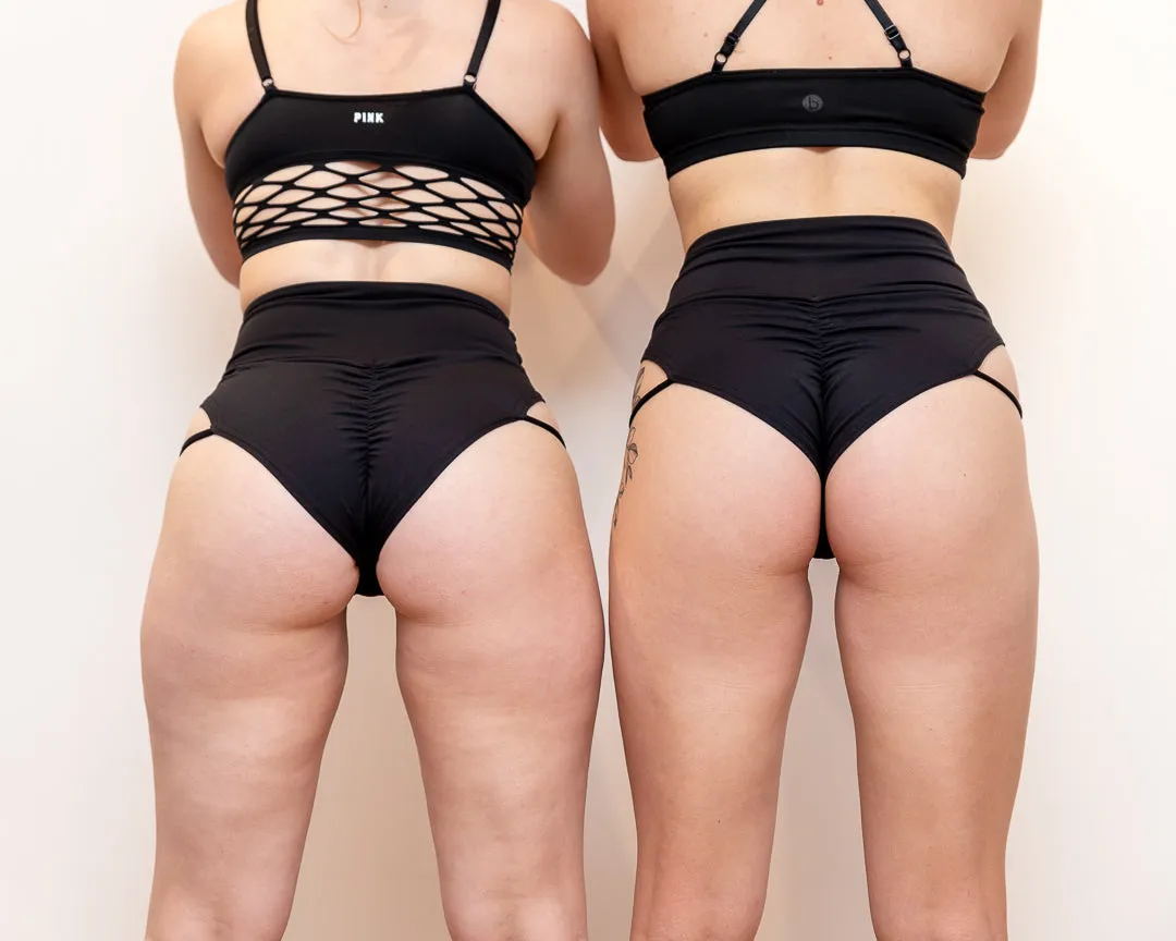 'Be a Queen' Matte Black Strap High Cut Brazil Scrunchie Bum Shorts