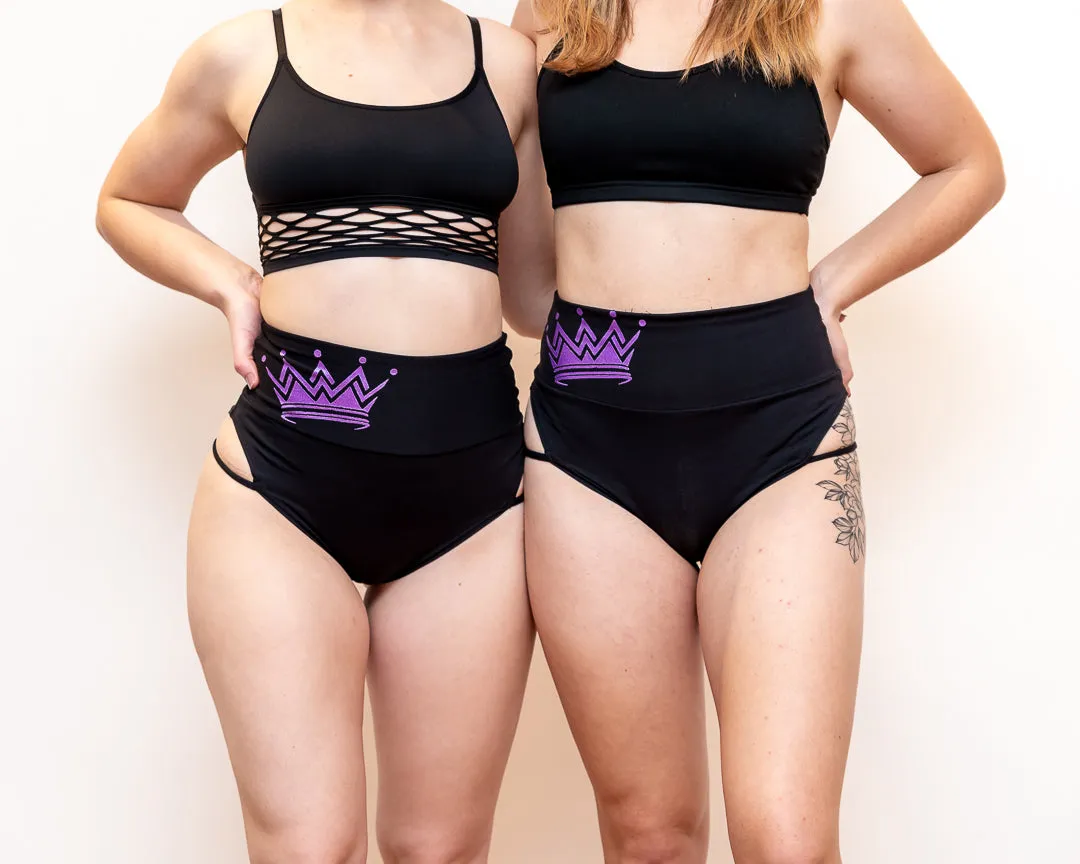 'Be a Queen' Matte Black Strap High Cut Brazil Scrunchie Bum Shorts
