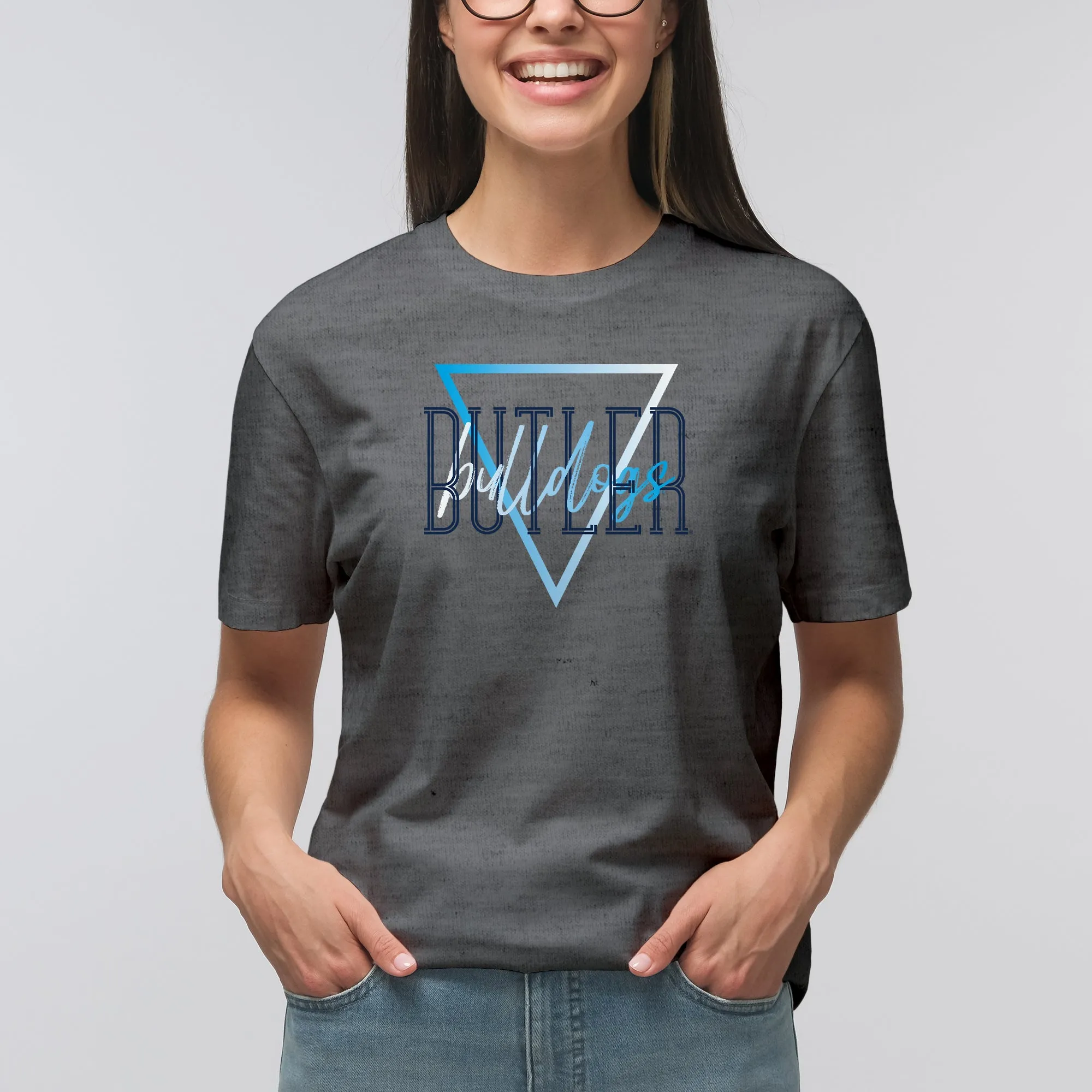 Butler University Bulldogs Gradient Triangle Basic Cotton Short Sleeve T Shirt - Graphite Heather