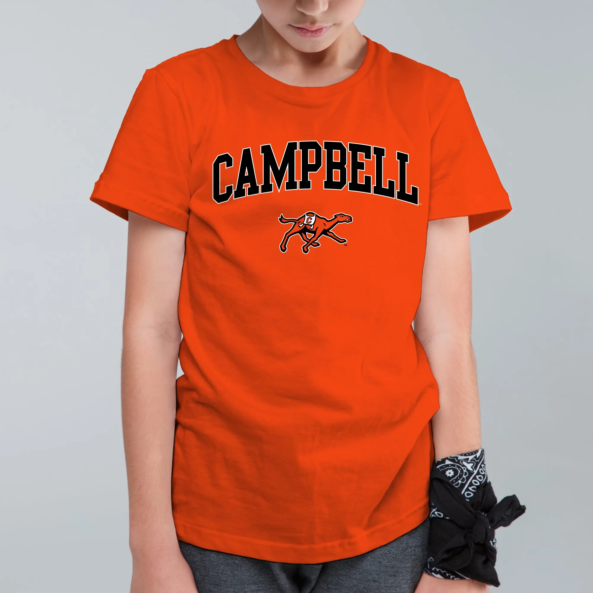 Campbell University Fighting Camels Arch Logo Basic Cotton Youth Short Sleeve T-Shirt - Orange