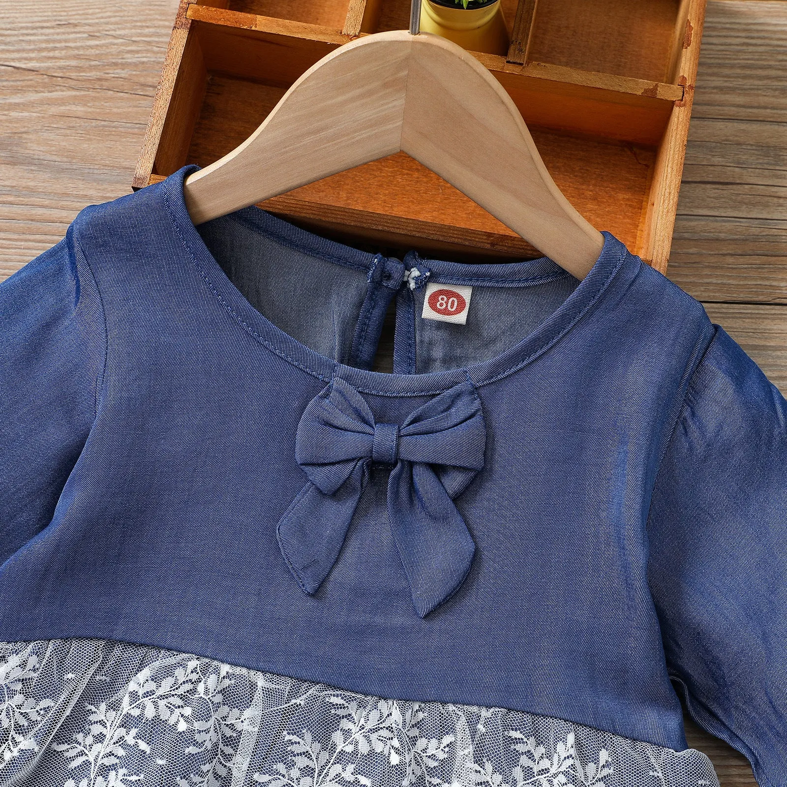 Girls 2 Piece Full Sleeve Dress Bow Top & Trouser Set, Denim Blue