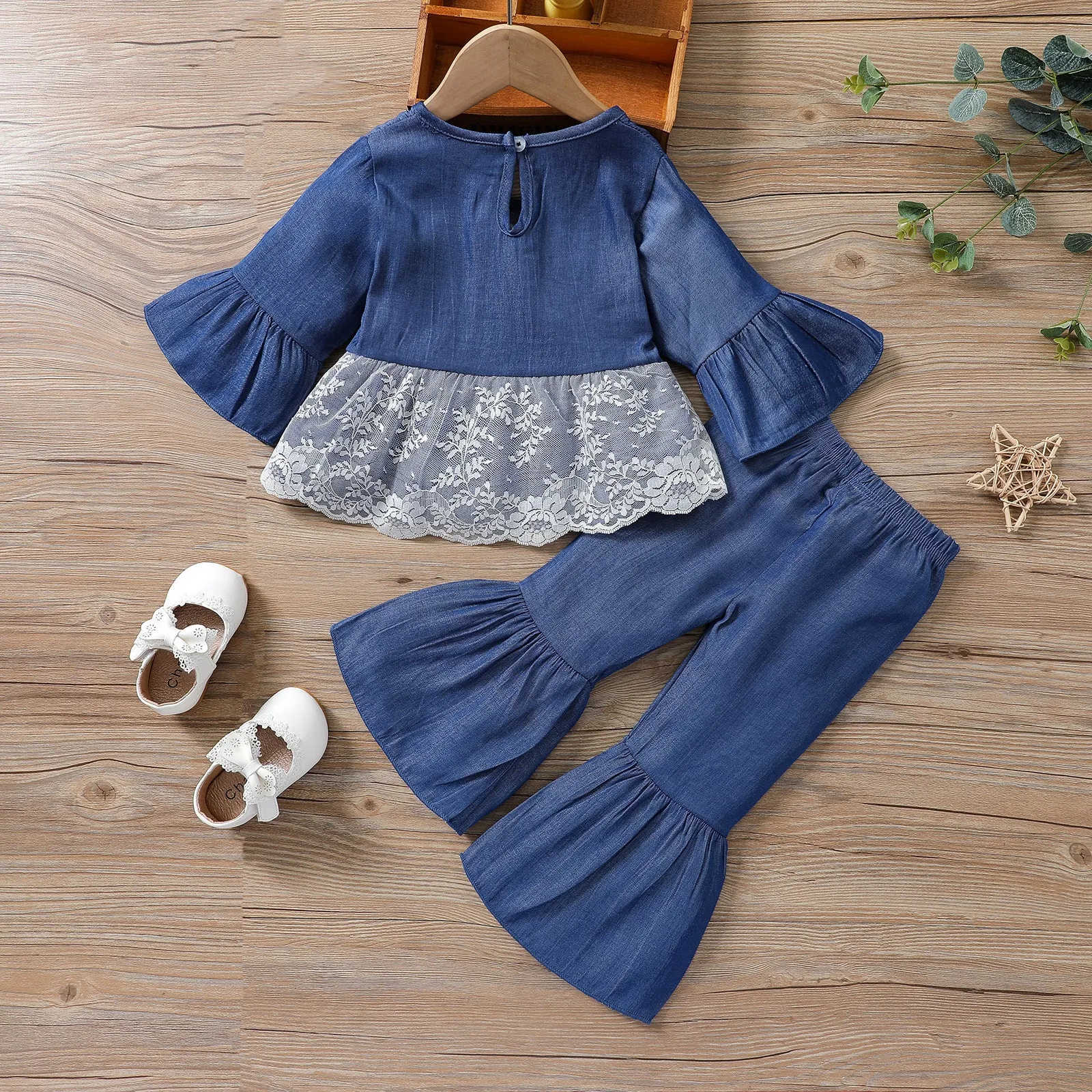 Girls 2 Piece Full Sleeve Dress Bow Top & Trouser Set, Denim Blue