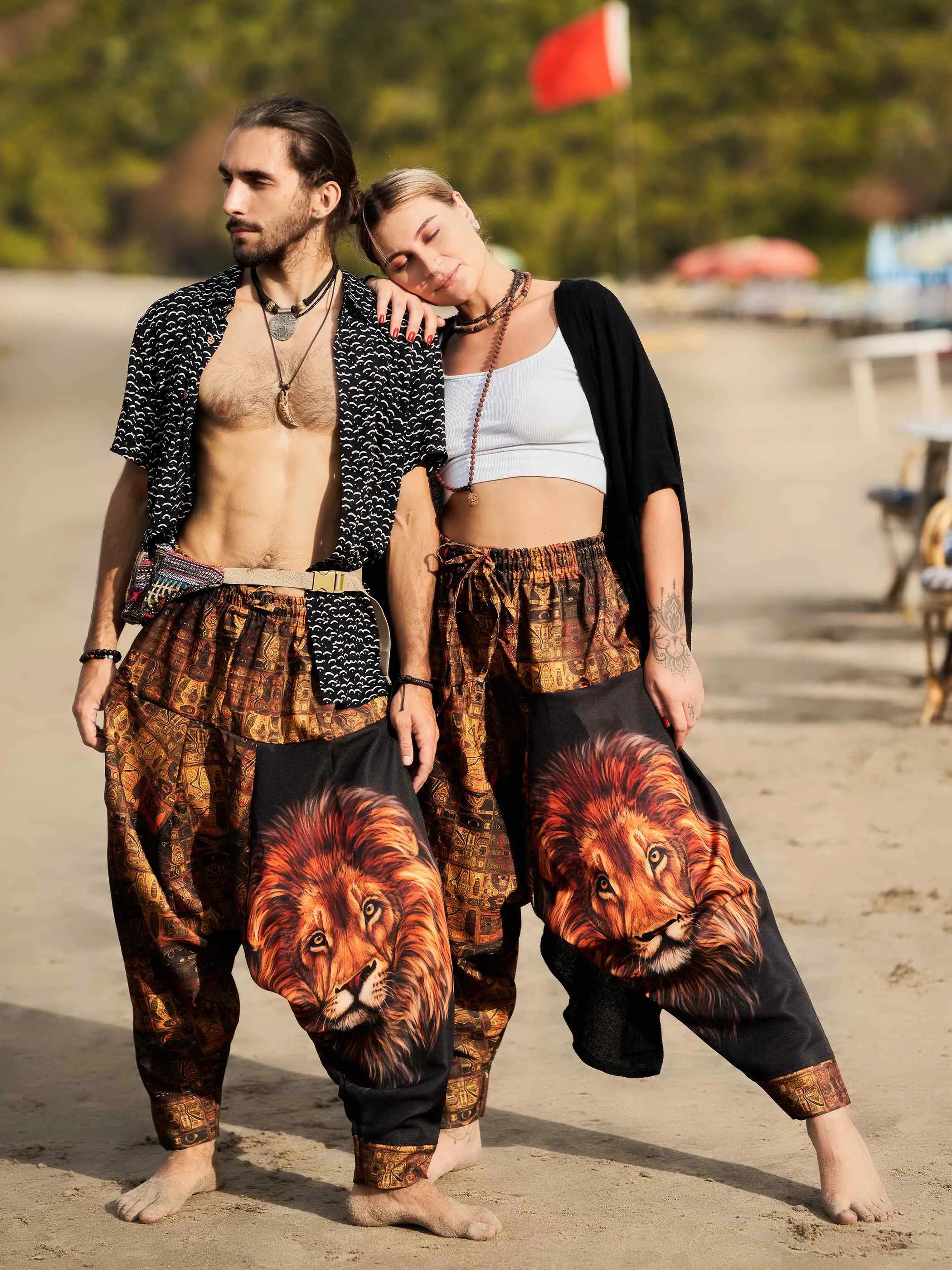 Men's Vintage Lion Print Balloon Aladdin Harem Pants For Travel