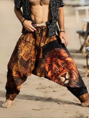 Men's Vintage Lion Print Balloon Aladdin Harem Pants For Travel
