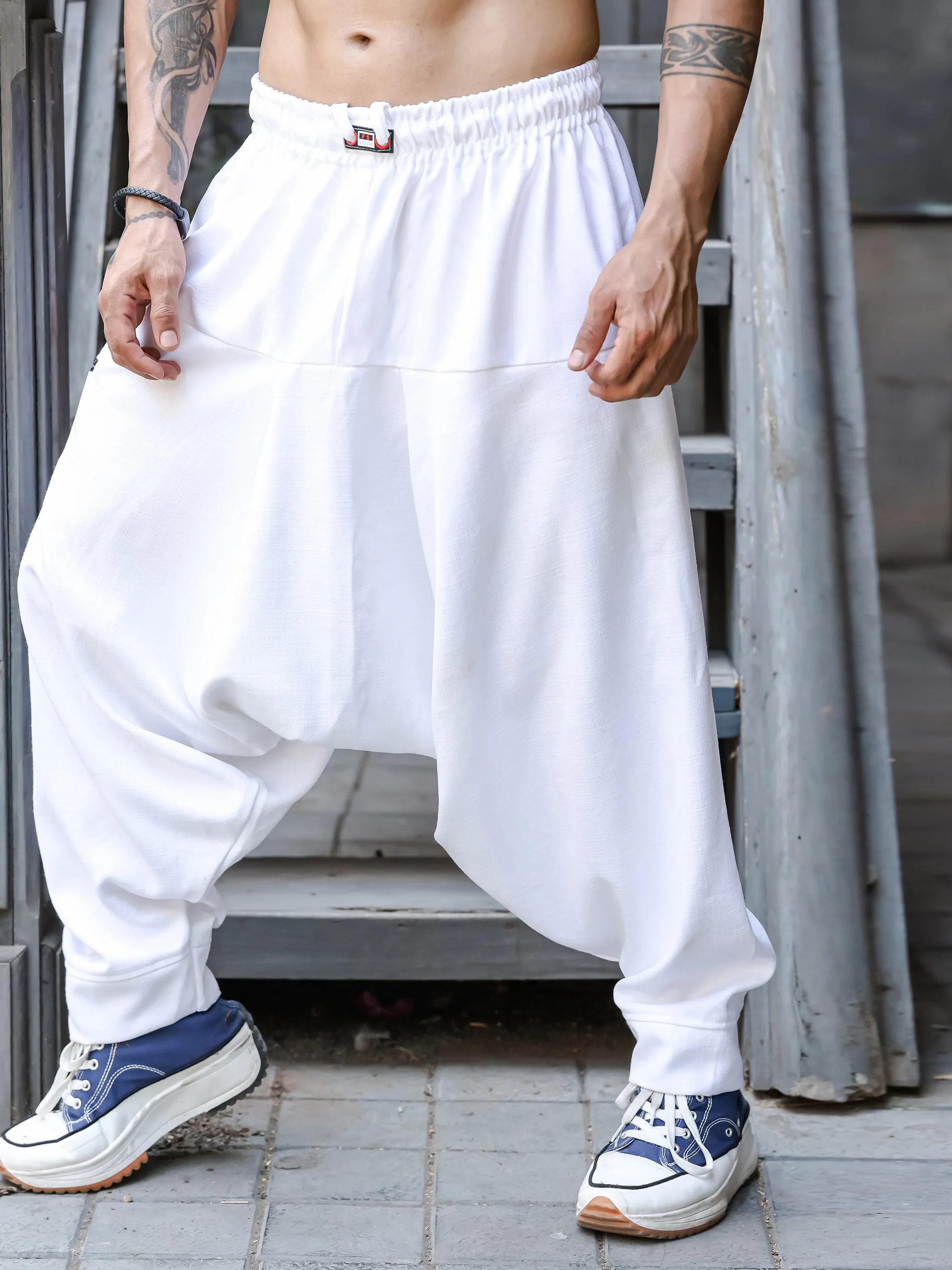 Men's White Bohemian Hippy Harem Pants For Dance Travel Yoga
