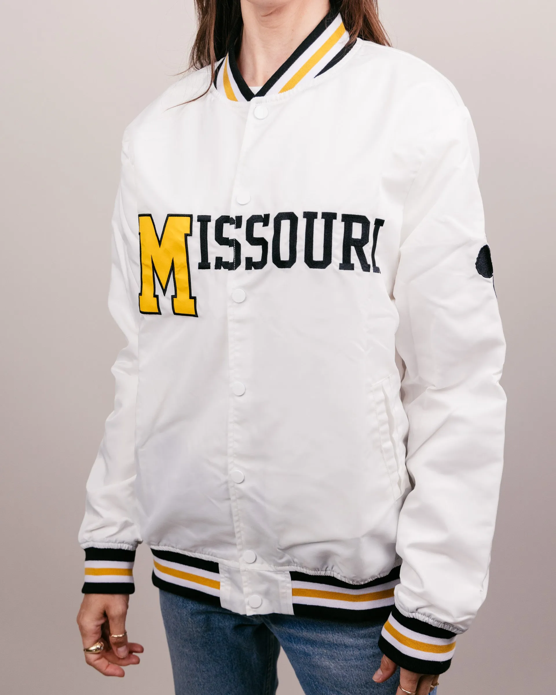 White Missouri Tigers Varsity Jacket with Paw Print