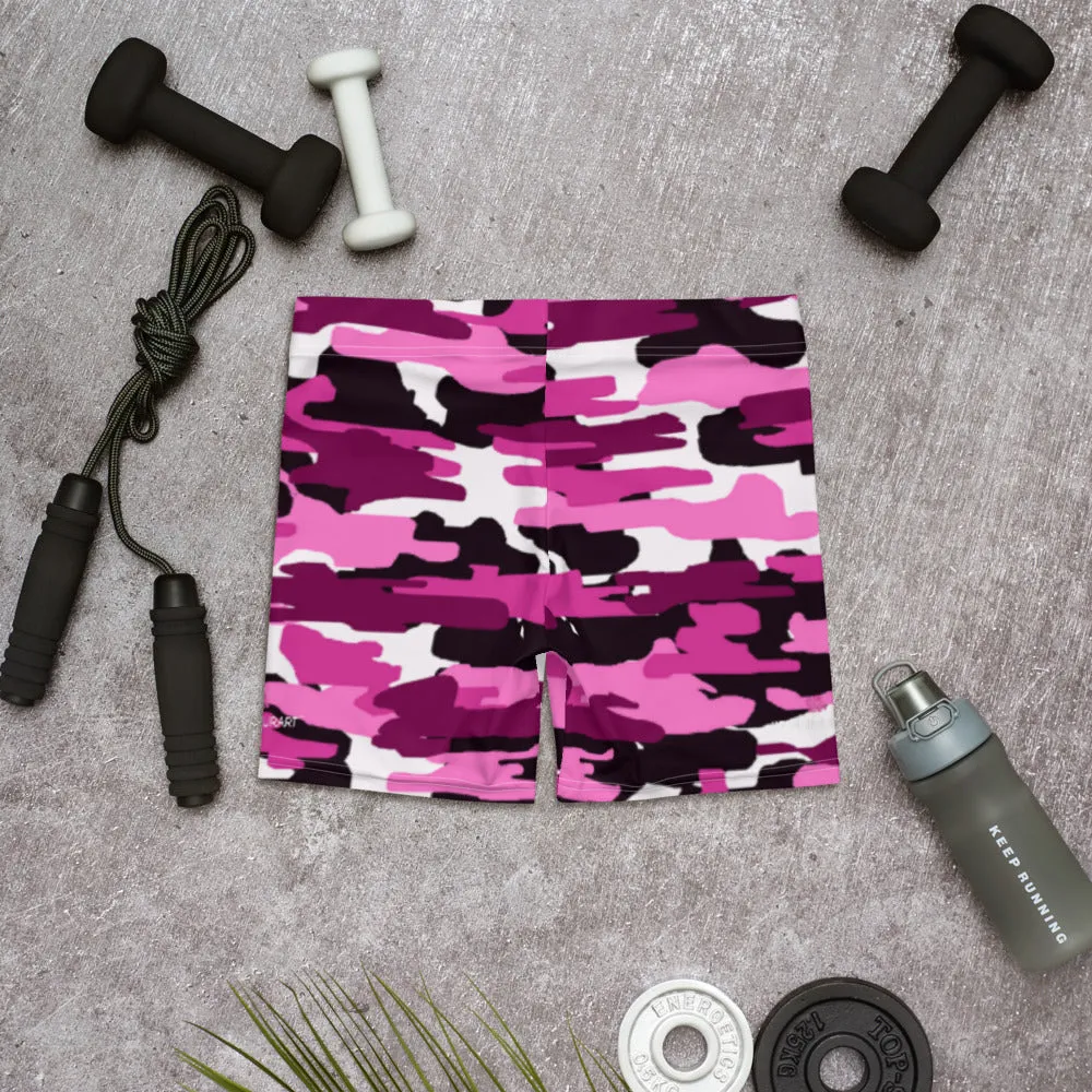 Pink Camo Shorts, Camouflage Military Army Print Women's Short Tights-Made in USA/EU/MX