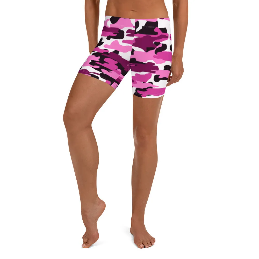 Pink Camo Shorts, Camouflage Military Army Print Women's Short Tights-Made in USA/EU/MX