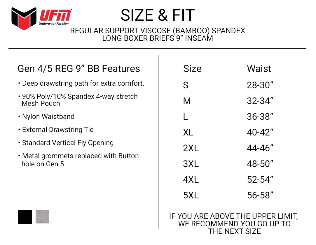 REG Support 9 Inch Boxer Briefs Bamboo (Viscose)/ Spandex Black and Gray