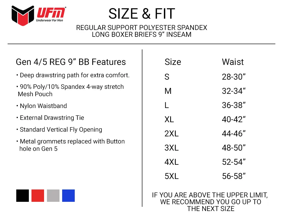 REG Support 9 Inch Boxer Briefs Polyester Black, Gray, Royal Blue & Red