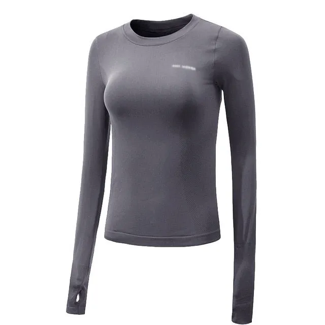 SALSPOR Sexy Women Letter Printing Sport Shirts Solid Color High Elastic Gym Yoga Top Running Breathable Long sleeve T-Shirts