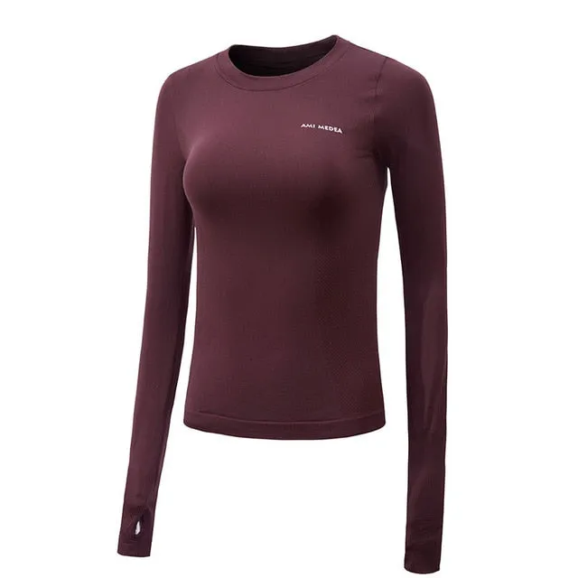 SALSPOR Sexy Women Letter Printing Sport Shirts Solid Color High Elastic Gym Yoga Top Running Breathable Long sleeve T-Shirts