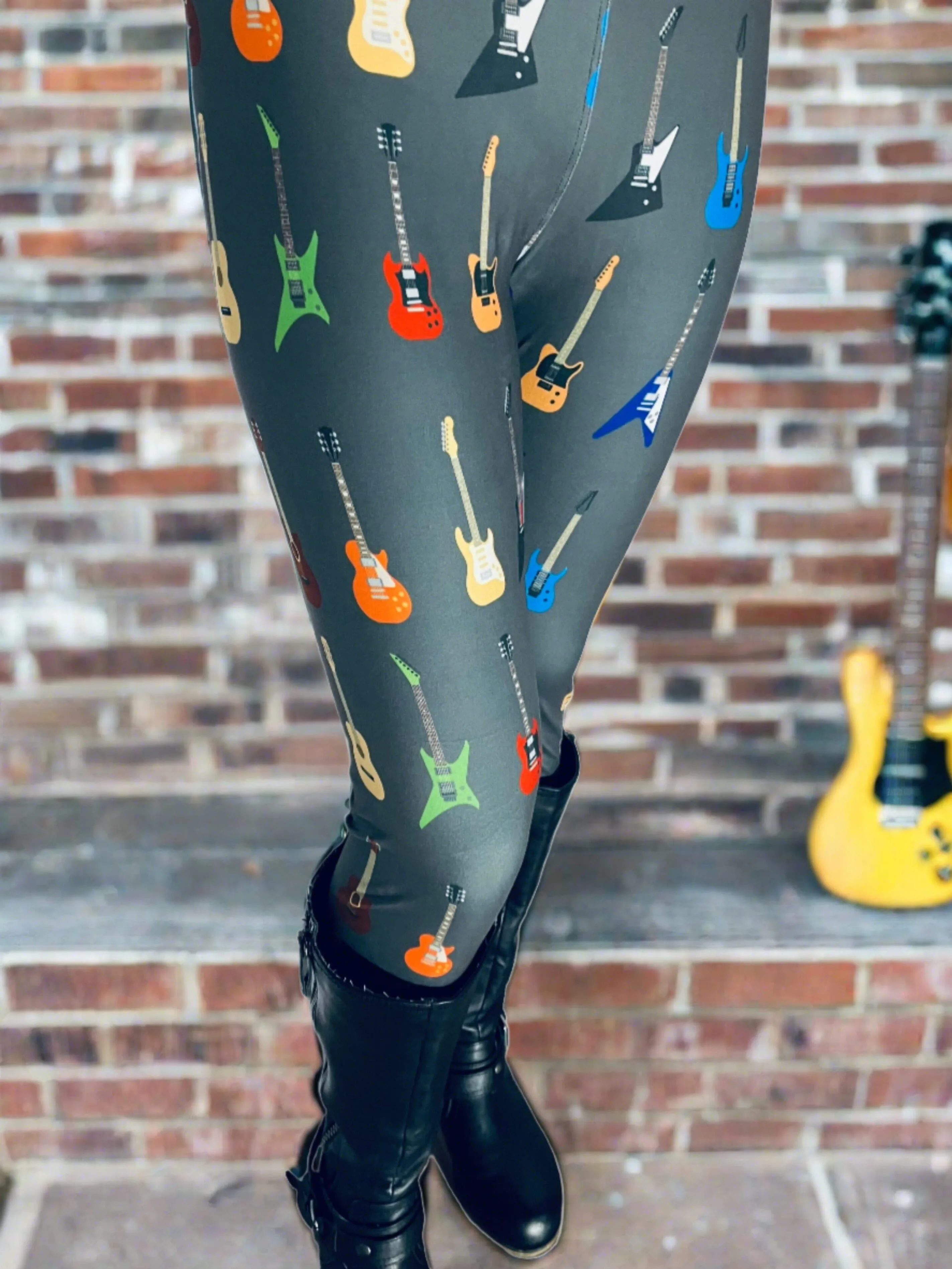 Womens Guitar Print Leggings, Soft Yoga Pants, Sizes 0-22, Yoga Waist, Gray/Multi, Exclusive Leggings