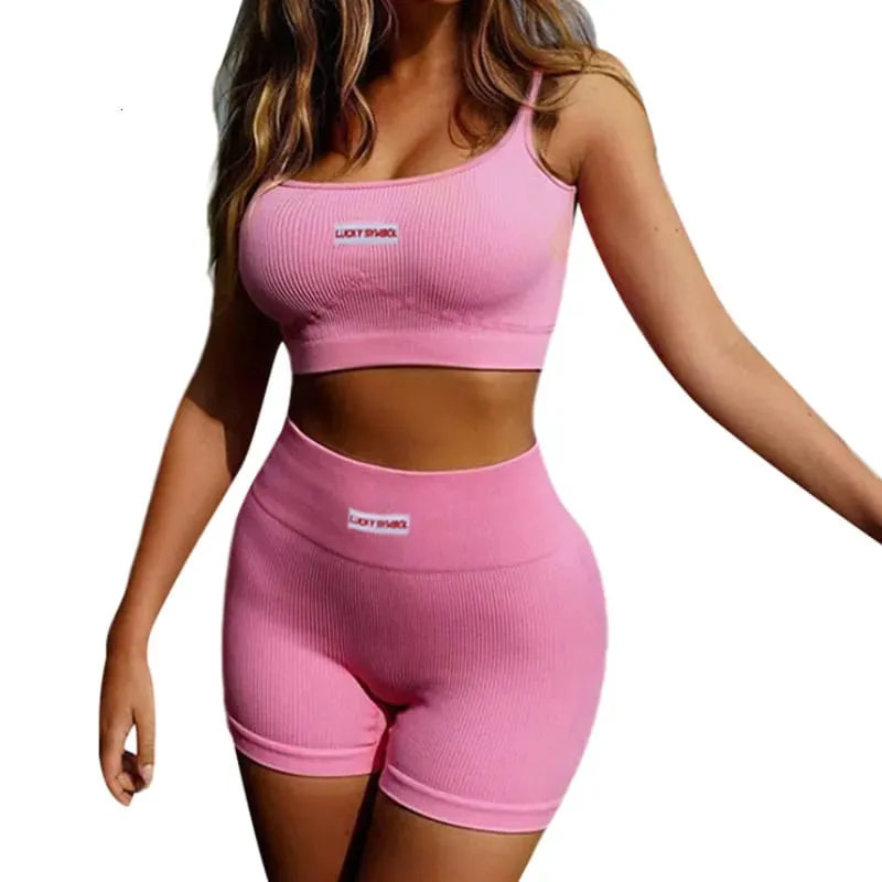 Women's Ribbed Knit 2-Piece Sports Set: Sleeveless Crop Top and High-Waisted Shorts for Summer Runs  S4901624