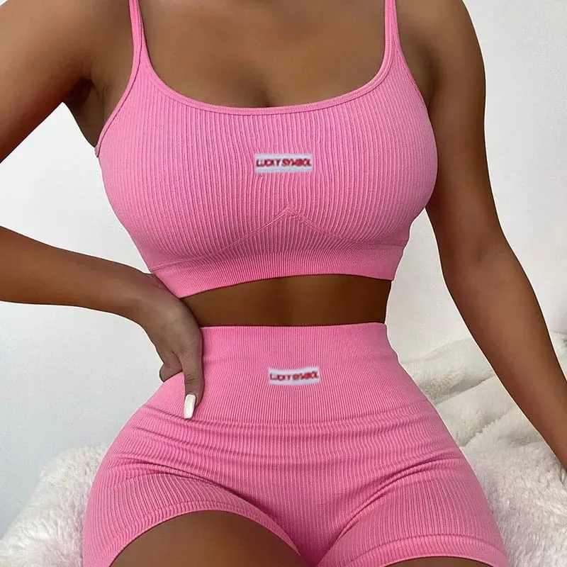 Women's Ribbed Knit 2-Piece Sports Set: Sleeveless Crop Top and High-Waisted Shorts for Summer Runs  S4901624